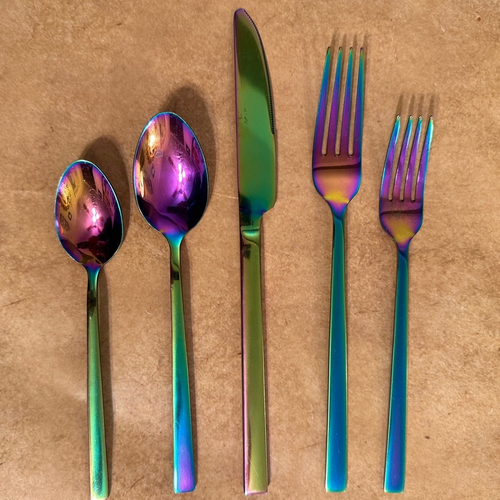 Crofton Rainbow Flatware Iridescent Utensil 1 Setting 2 Fork 2 Spoons 1 Knife